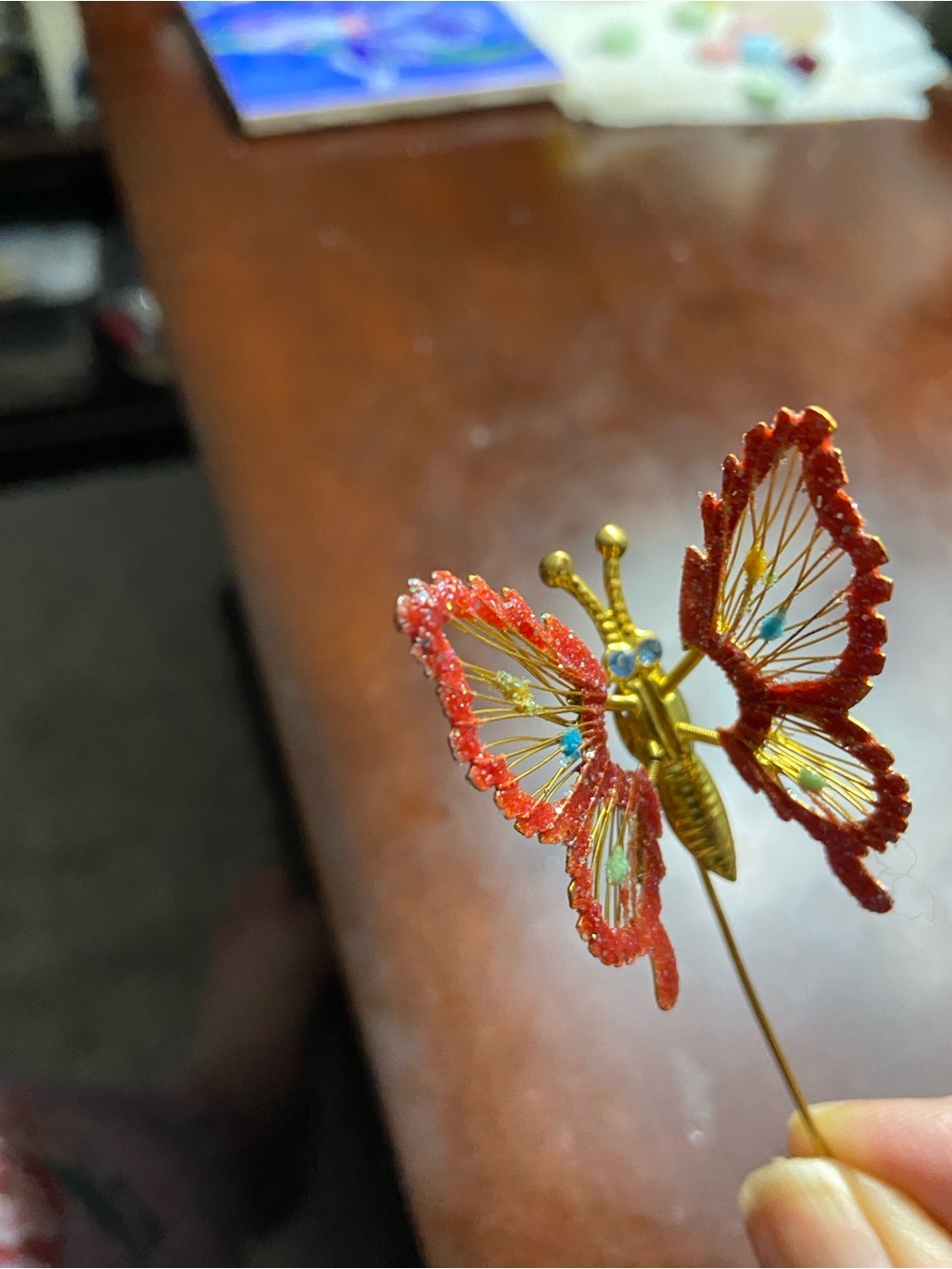 Decorative Red Butterfly Accent Pick - Gold Detail